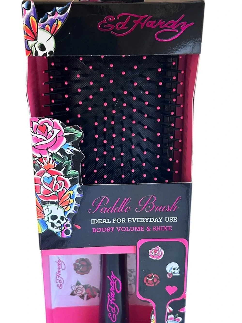 Ed Hardy Black and Pink Paddle Brush with Tattoo Floral Design